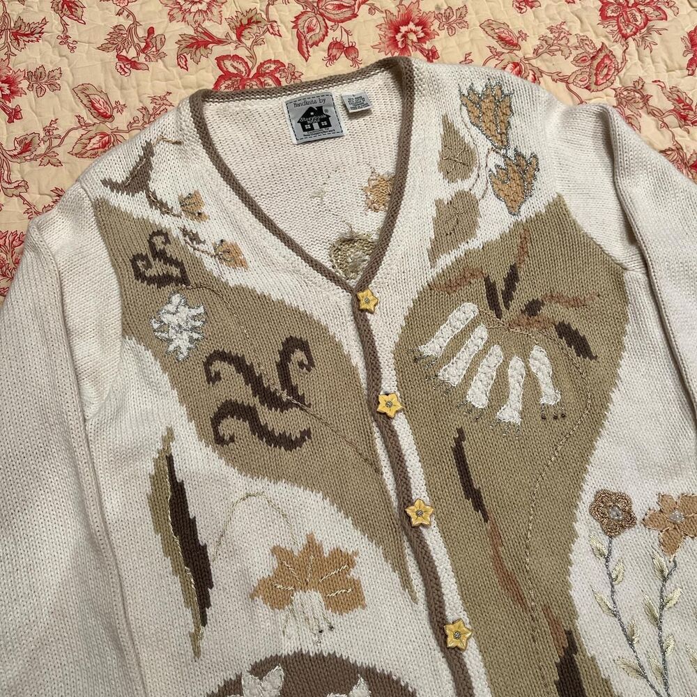 Vintage Storybook Knits Floral Lilly Earth tone Pearl Sweater! - Picture 2 of 5